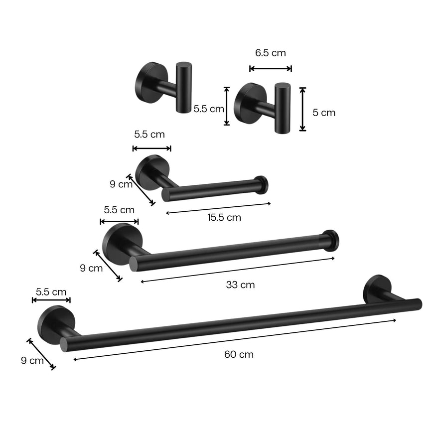 Dimensions des accessoires de salle de bain noir rond  : crochets, porte papier hygiénique, porte-serviette et barre porte-serviette