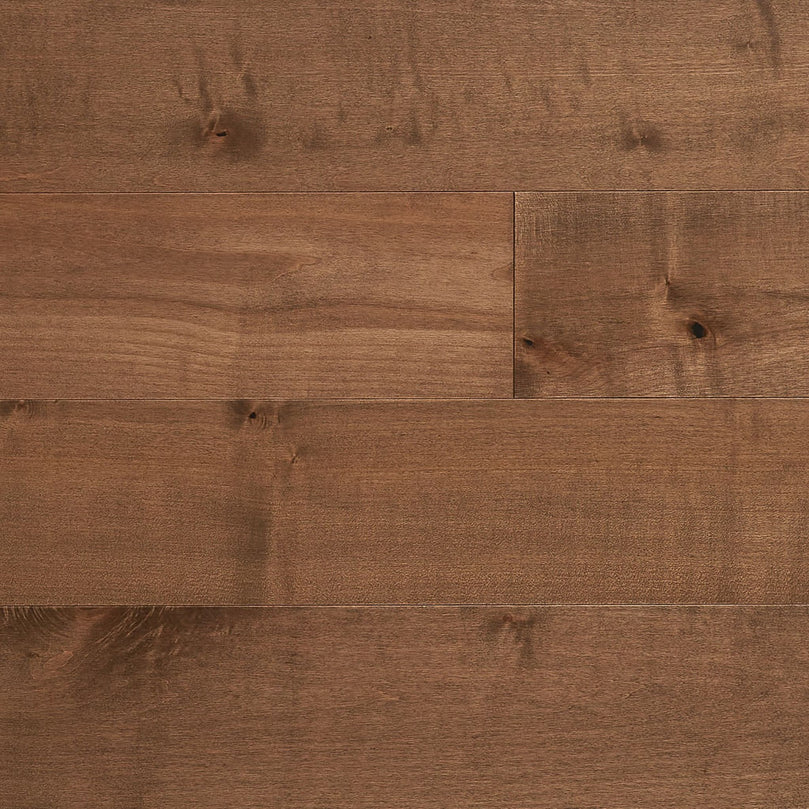 Plancher d'ingénierie érable Java, lames larges 6 pouces, finition brossée mate, couleur brun chaleureux avec nœuds, parfait pour un style classique et polyvalent. Nouveautés, En stock, Tous produits, Plancher d'ingénierie