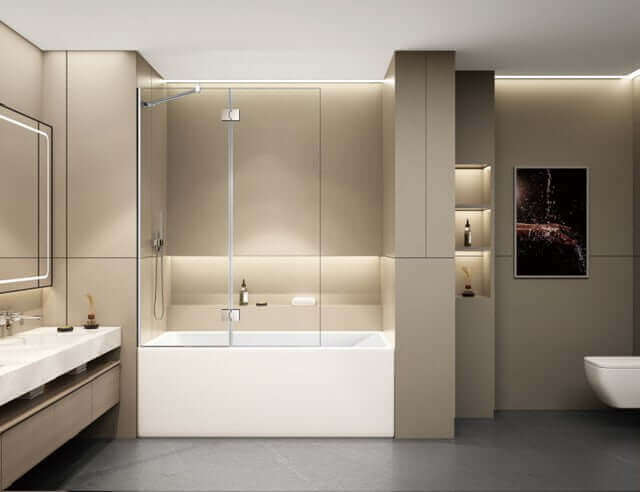 60" bath screens in 8mm tempered glass with pivoting door, CHROME hinge