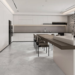 Modern kitchen with Céramique Lara tiles, rectified and frost-resistant, ideal for residential and commercial floors and walls - Entrepôt de la Réno.