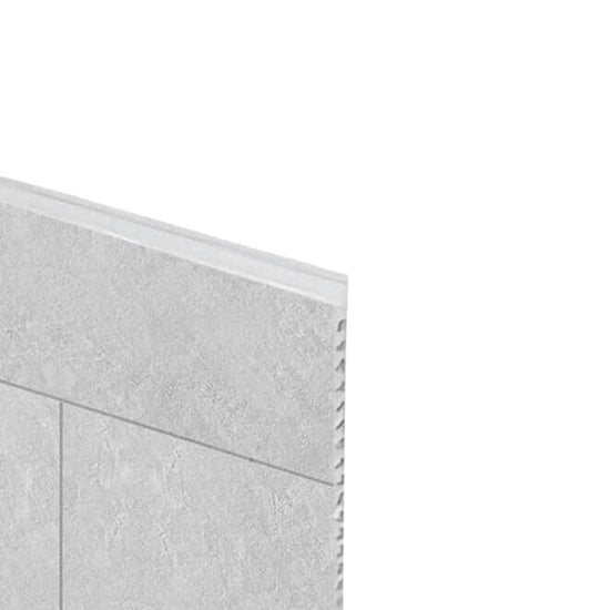 Panneau en PVC céramique 12 po x 24 po gris béton, vue détails du coin, dimensions 48 po x 96 po