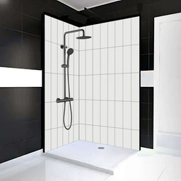 Mur de douche en PVC effet céramique (6 po x 20 po) blanc sur gris mat 48 po x 96 po | Entrepôt de la Réno