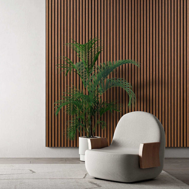 Acoustic Panels in Walnut-Colored Wood Slats 24" x 109"