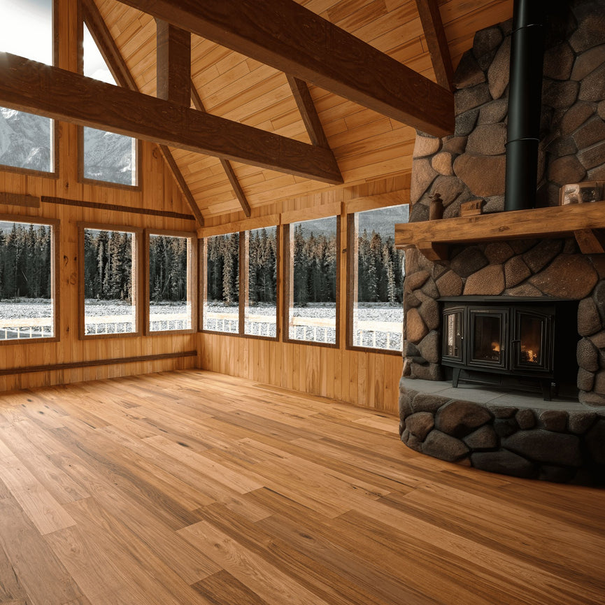 Intérieur chaleureux en bois avec plancher d'ingénierie en chêne blanc, grandes fenêtres offrant vue sur la forêt enneigée, et cheminée en pierre. Ambiance rustique et élégante, parfaite pour montrer la beauté du plancher Marble. Nouveautés,En stock,Tous produits,Plancher d'ingénierie