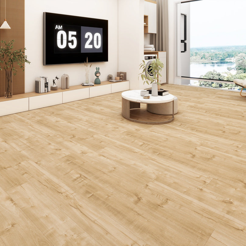 Plancher vinyle SPC Wild naturel dans un salon moderne, aspect bois clair, résistant à l'eau, idéal pour usage résidentiel et commercial