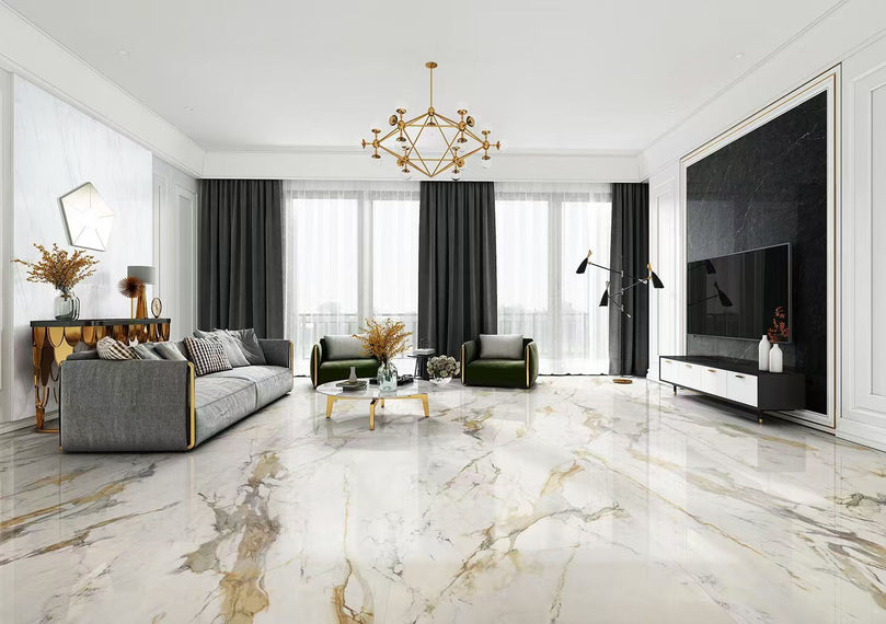 Salon contemporain avec céramique diamond avec effet marbre dorée luxe par entrepôt de la réno