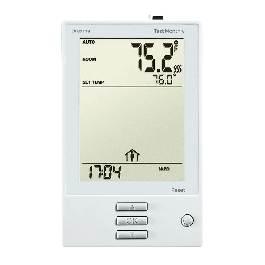 Thermostat tactile UDG4 pour chauffage électrique au sol, affichant la température, l'heure et le mode de fonctionnement. Écran LCD avec boutons de contrôle intégrés pour une programmation facile et intuitive.