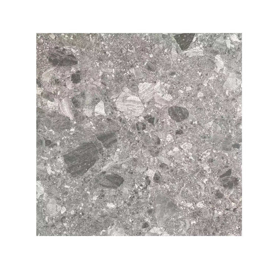 Carrelage Céramique Dolce di Grès Carbon, texture grise marbrée avec nuances de rose pâle, aspect terrazzo élégant pour sol et mur, finition mate, parfait pour intérieurs modernes et commerciaux.