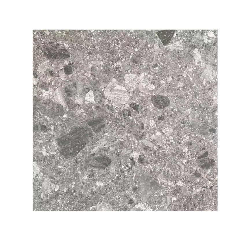 Carrelage Céramique Dolce di Grès Carbon, texture grise marbrée avec nuances de rose pâle, aspect terrazzo élégant pour sol et mur, finition mate, parfait pour intérieurs modernes et commerciaux.