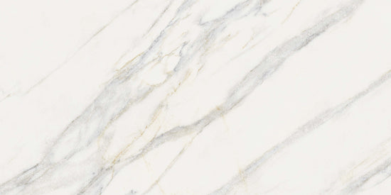 Carrelage en céramique aspect marbre blanc avec veines dorées, texture élégante et luxueuse pour sol et mur, format 24"x48", finition mate, idéal pour intérieurs modernes et espaces commerciaux haut de gamme