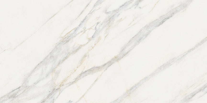 Carrelage en céramique aspect marbre blanc avec veines dorées, texture élégante et luxueuse pour sol et mur, format 24"x48", finition mate, idéal pour intérieurs modernes et espaces commerciaux haut de gamme